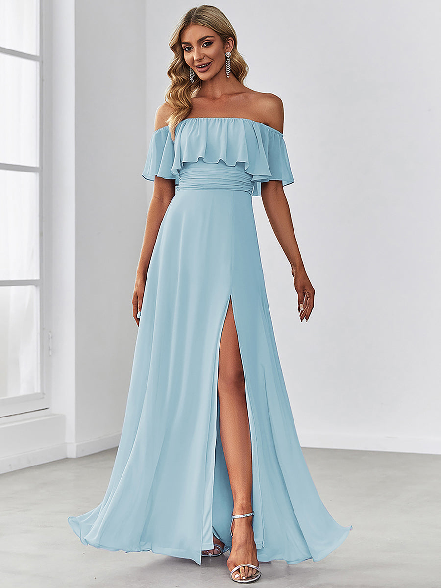 Color=Sky Blue | A-Line Off Shoulder Ruffle Thigh Split Bridesmaid Dress-Sky Blue 1