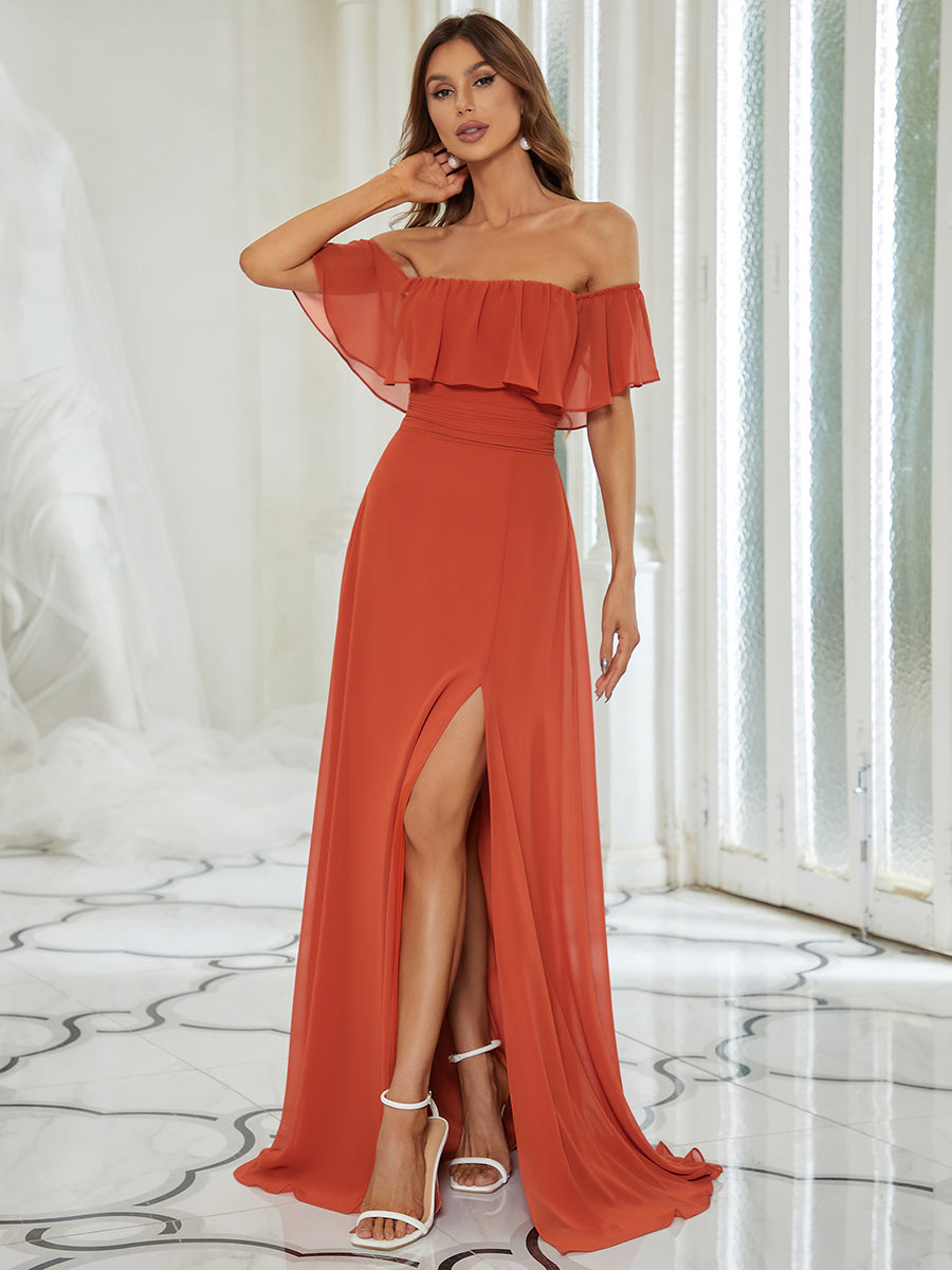Color=Burnt Orange | A-Line Off Shoulder Ruffle Thigh Split Bridesmaid Dress-Burnt Orange 1