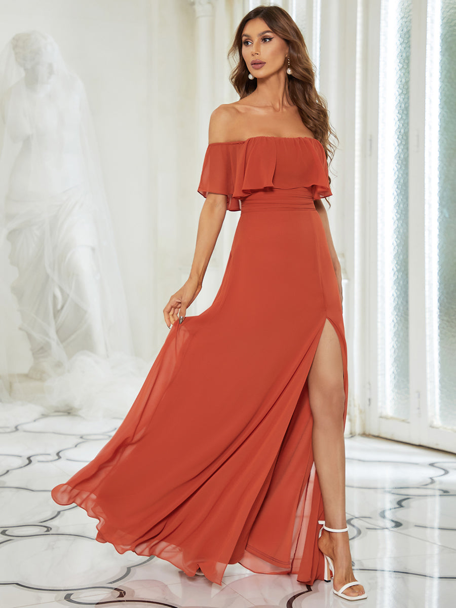 Color=Burnt Orange | A-Line Off Shoulder Ruffle Thigh Split Bridesmaid Dress-Burnt Orange 4