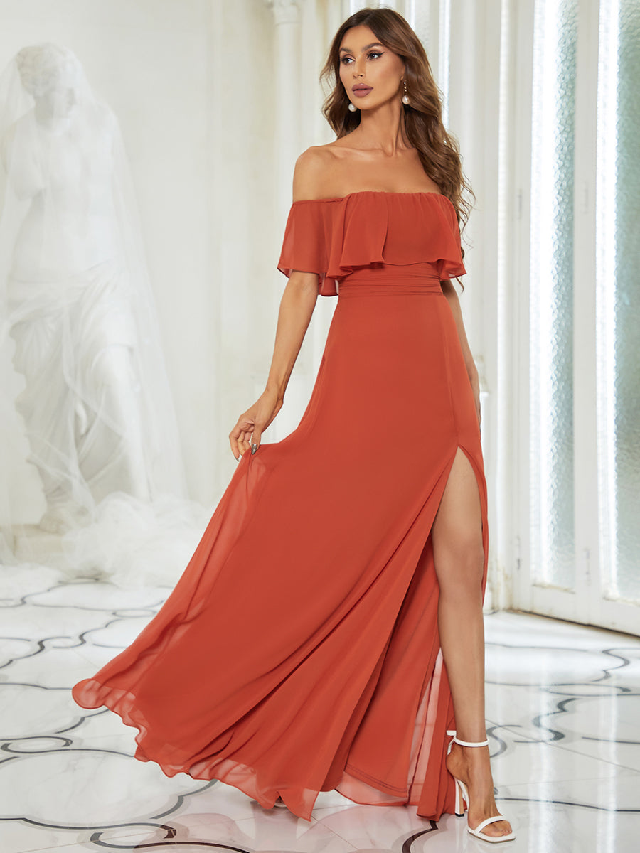 Color=Burnt orange | Women'S A-Line Off Shoulder Ruffle Thigh Split Bridesmaid Dress-Burnt orange 4