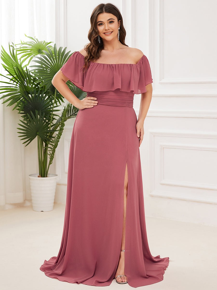 Color=Cameo Brown | Plus Size Women'S A-Line Off Shoulder Ruffle Thigh Split Bridesmaid Dresses Ep00968-Cameo Brown 1