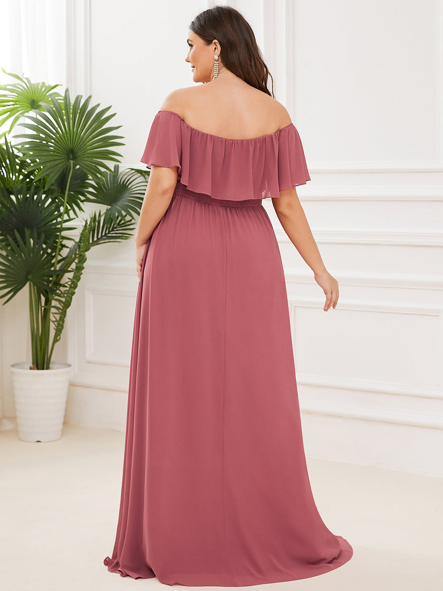 Color=Cameo Brown | Plus Size Women'S A-Line Off Shoulder Ruffle Thigh Split Bridesmaid Dresses Ep00968-Cameo Brown 2