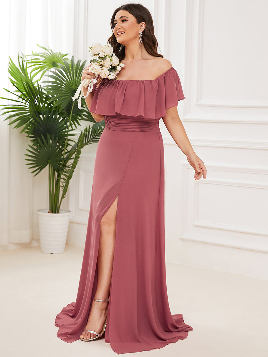 Color=Cameo Brown | Plus Size Women'S A-Line Off Shoulder Ruffle Thigh Split Bridesmaid Dresses Ep00968-Cameo Brown 3