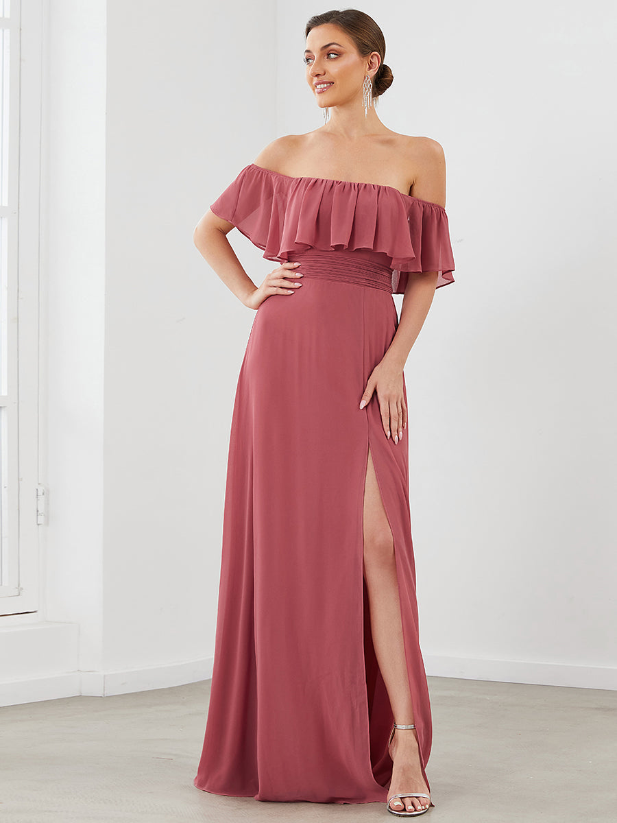 Color=Cameo Brown | Women'S A-Line Off Shoulder Ruffle Thigh Split Bridesmaid Dress-Cameo Brown 4