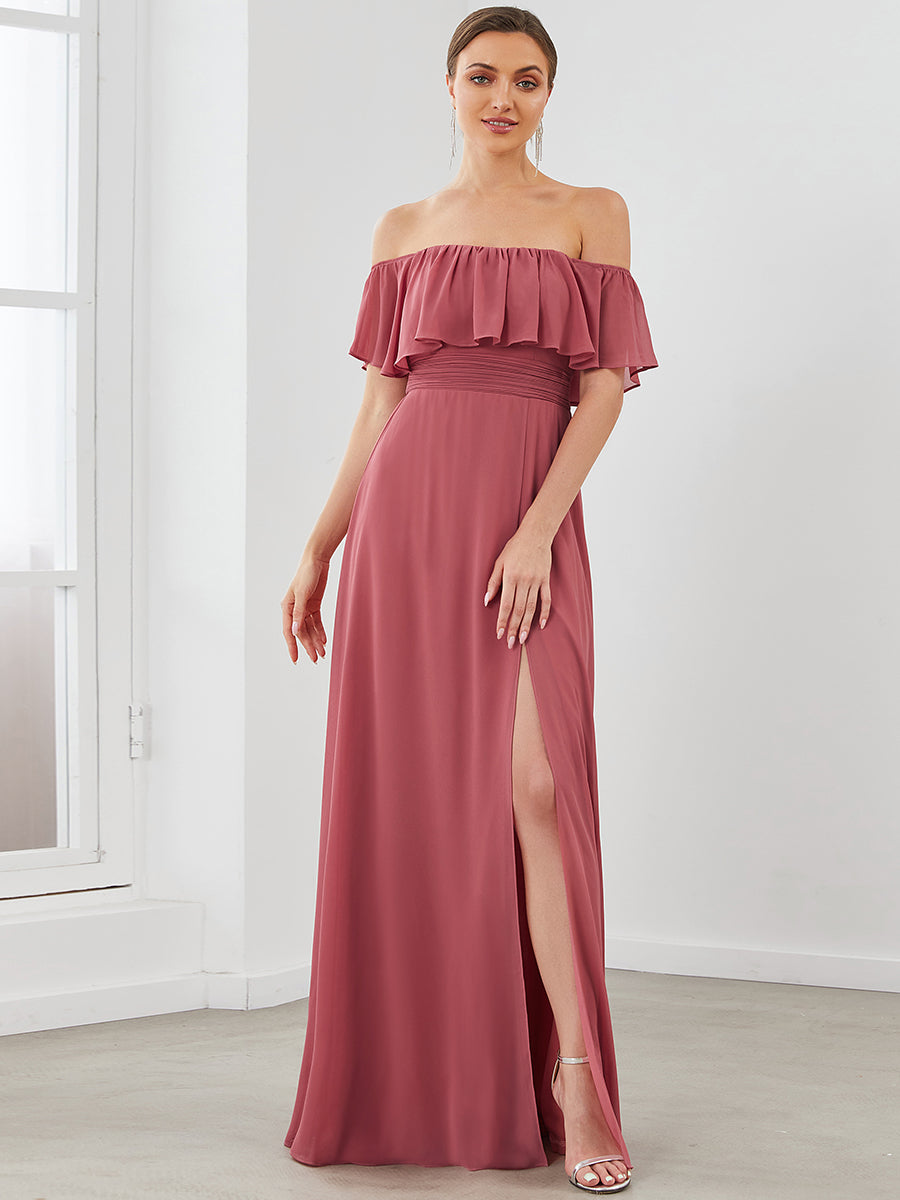 Color=Cameo Brown | A-Line Off Shoulder Ruffle Thigh Split Bridesmaid Dress-Cameo Brown 1