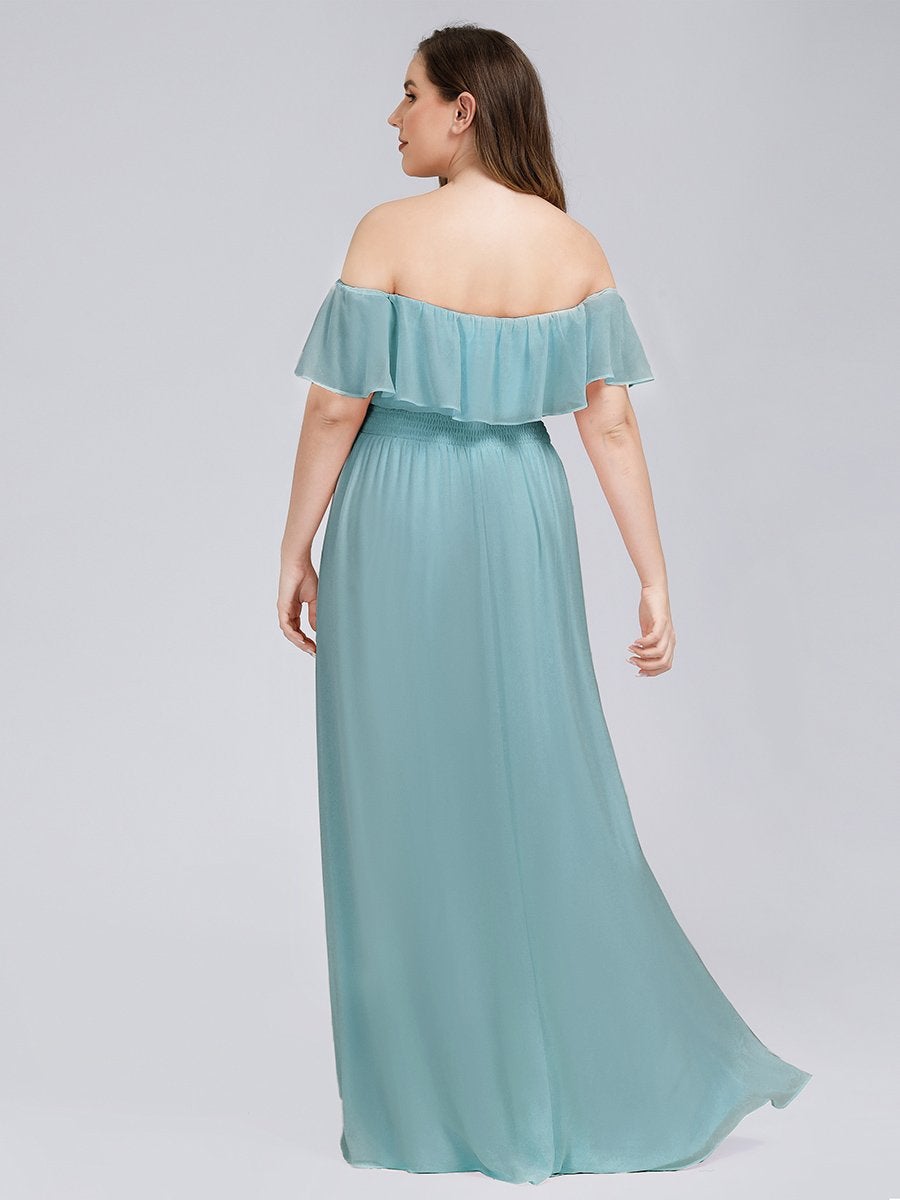 Color=Dusty Blue | Plus Size Women'S A-Line Off Shoulder Ruffle Thigh Split Bridesmaid Dress-Dusty Blue 2