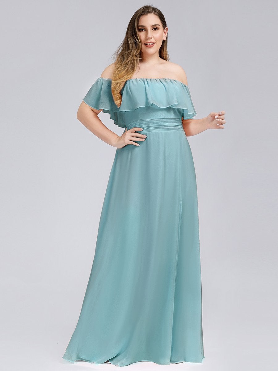 Color=Dusty Blue | Plus Size Women'S A-Line Off Shoulder Ruffle Thigh Split Bridesmaid Dress-Dusty Blue 3