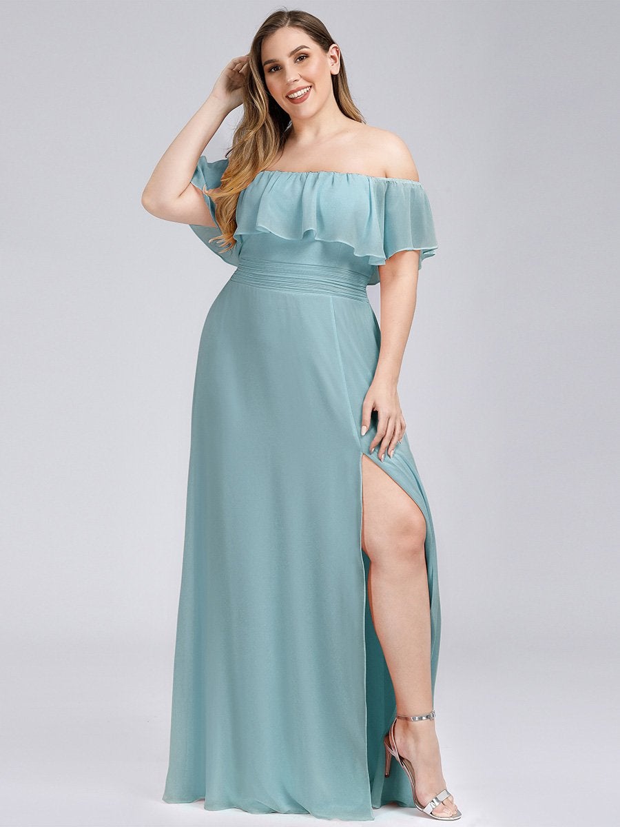 Color=Dusty Blue | Plus Size Women'S A-Line Off Shoulder Ruffle Thigh Split Bridesmaid Dress-Dusty Blue 4