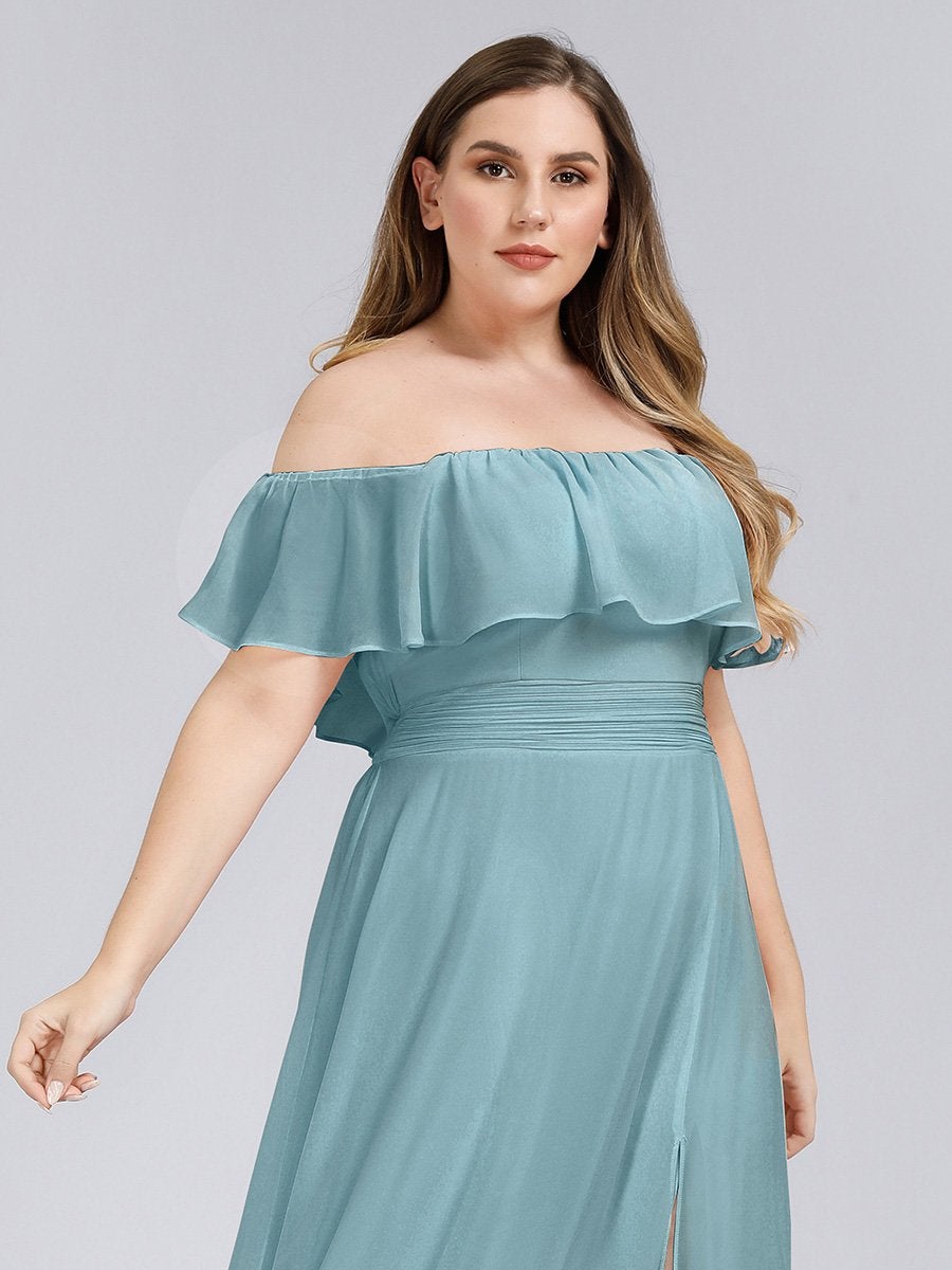Color=Dusty Blue | Plus Size Women'S A-Line Off Shoulder Ruffle Thigh Split Bridesmaid Dress-Dusty Blue 5