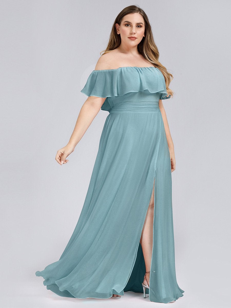 Color=Dusty Blue | Plus Size Women'S A-Line Off Shoulder Ruffle Thigh Split Bridesmaid Dress-Dusty Blue 1