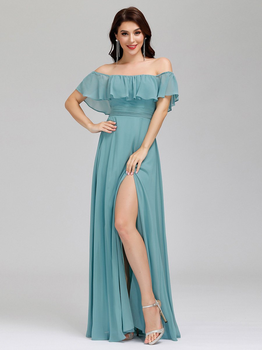 Color=Dusty Blue | Women'S A-Line Off Shoulder Ruffle Thigh Split Bridesmaid Dress-Dusty Blue 9