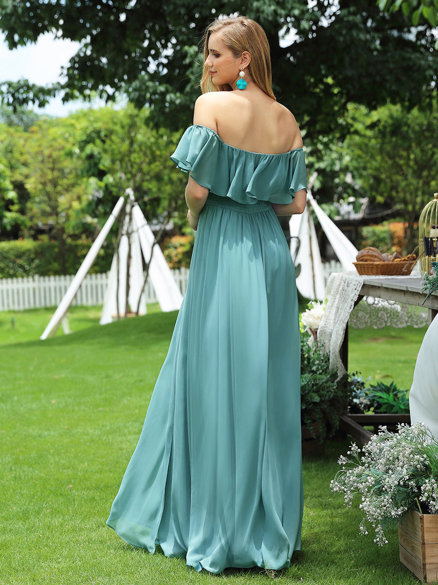 Color=Dusty Blue | A-Line Off Shoulder Ruffle Thigh Split Bridesmaid Dress-Dusty Blue 2