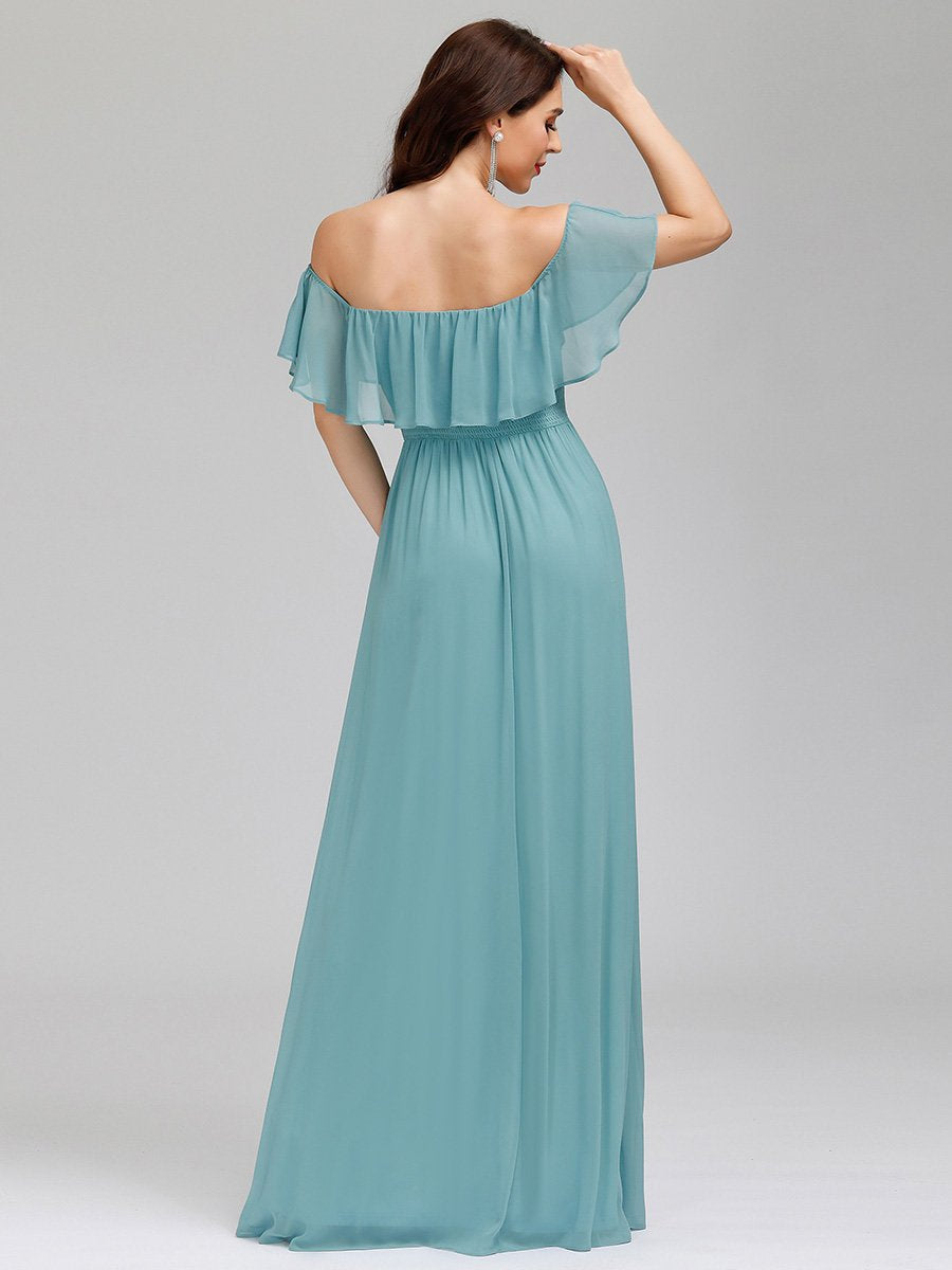 Color=Dusty Blue | Women'S A-Line Off Shoulder Ruffle Thigh Split Bridesmaid Dress-Dusty Blue 7