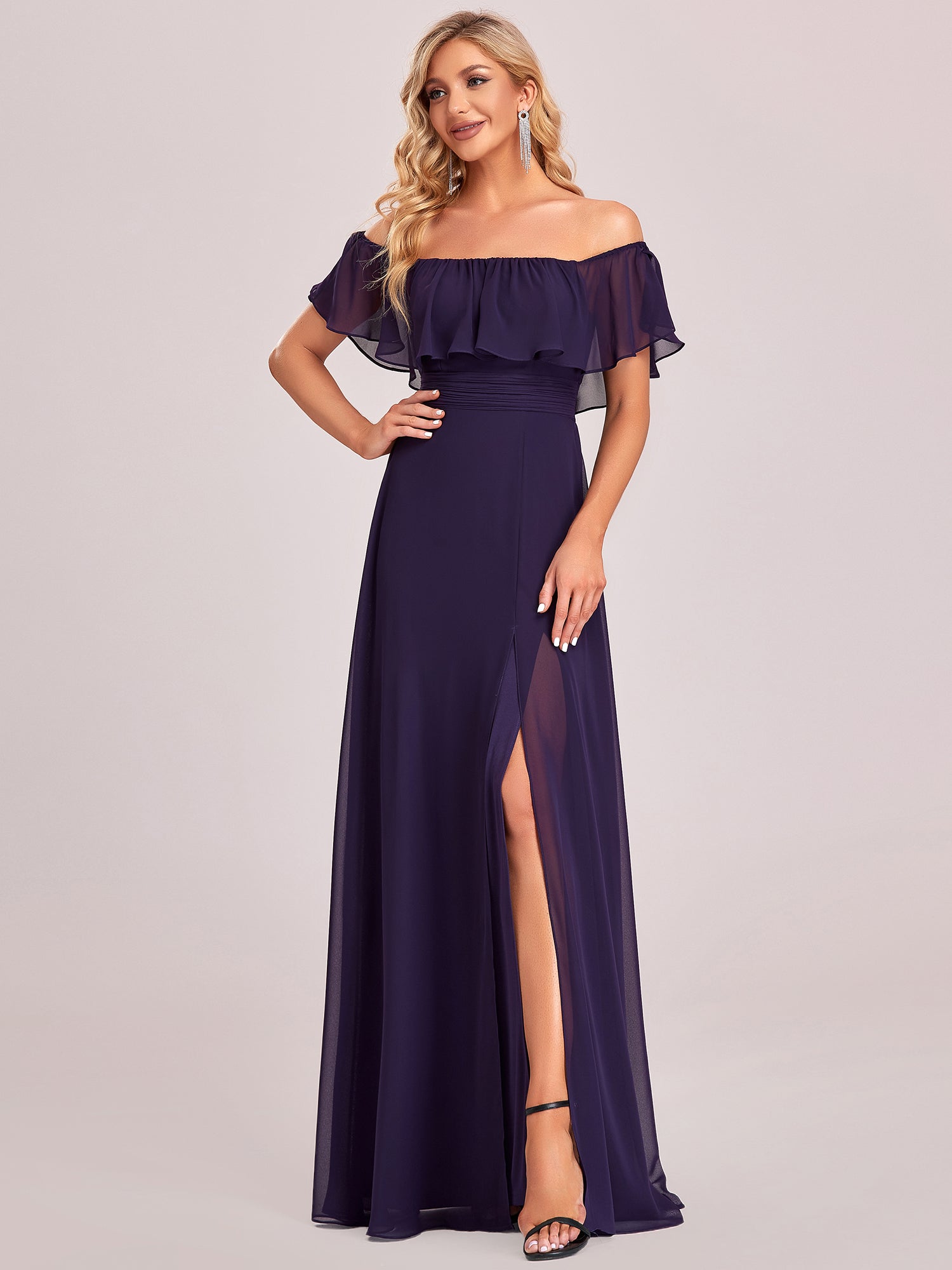 Color=Dark Purple | A-Line Off Shoulder Ruffle Thigh Split Bridesmaid Dress-Dark Purple 4