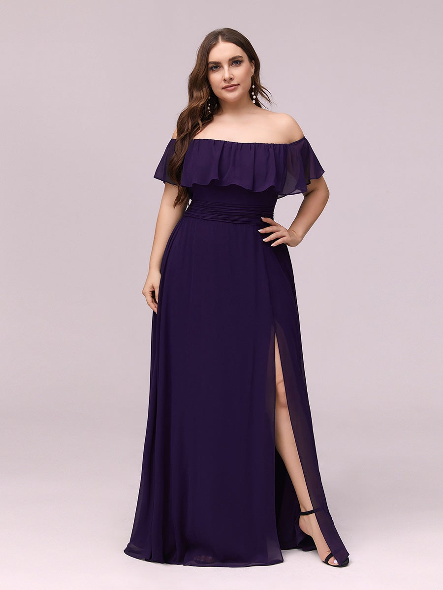 Color=Dark Purple | Plus Size Women'S A-Line Off Shoulder Ruffle Thigh Split Bridesmaid Dresses Ep00968-Dark Purple 1