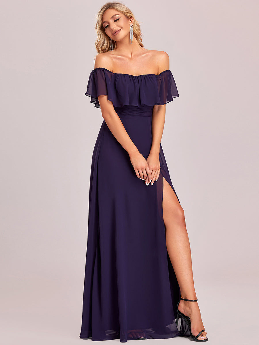 Color=Dark Purple | Women'S A-Line Off Shoulder Ruffle Thigh Split Bridesmaid Dresses Ep00968-Dark Purple 3