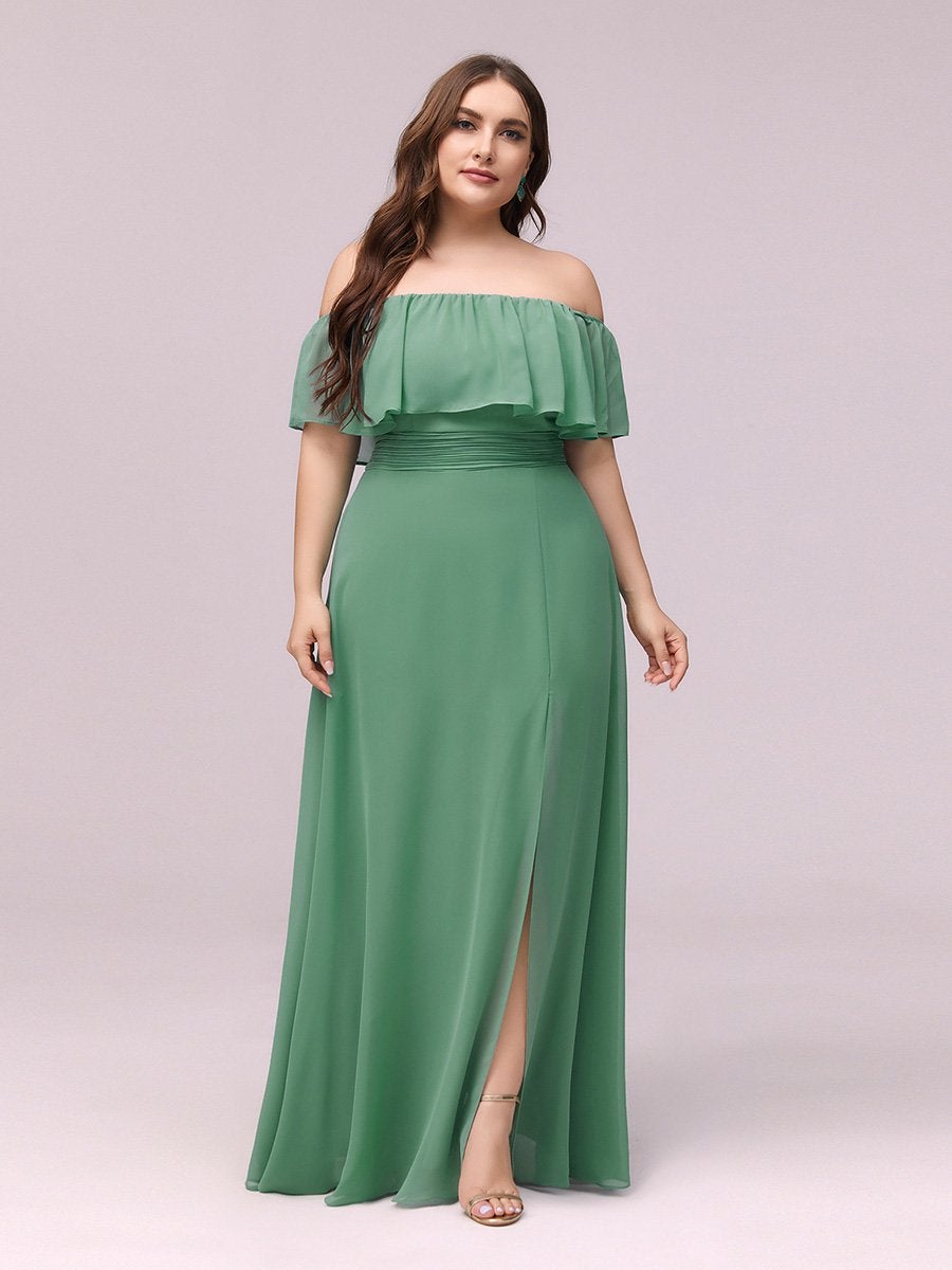 Color=Green Bean | Women'S A-Line Off Shoulder Ruffle Thigh Split Bridesmaid Dress-Green Bean 4