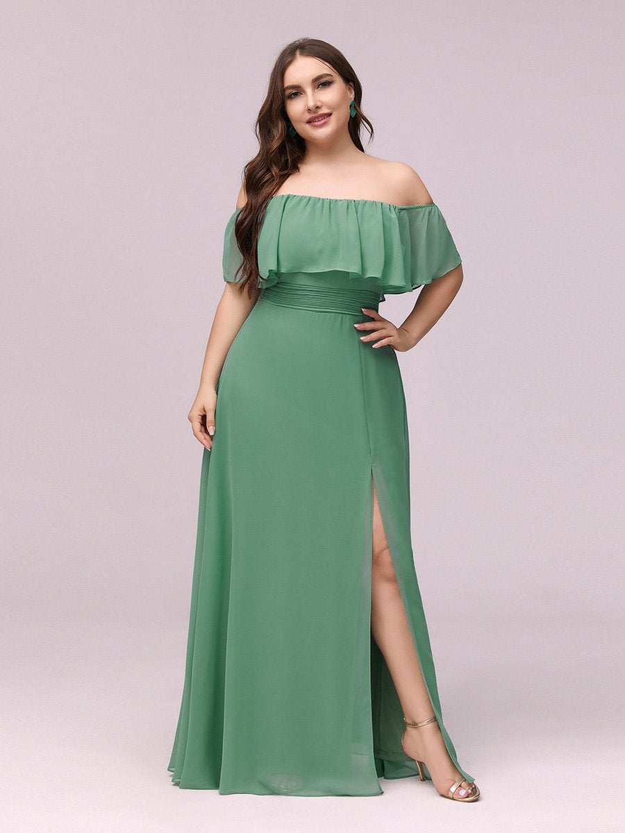 Color=Green Bean | Women'S A-Line Off Shoulder Ruffle Thigh Split Bridesmaid Dress-Green Bean 1