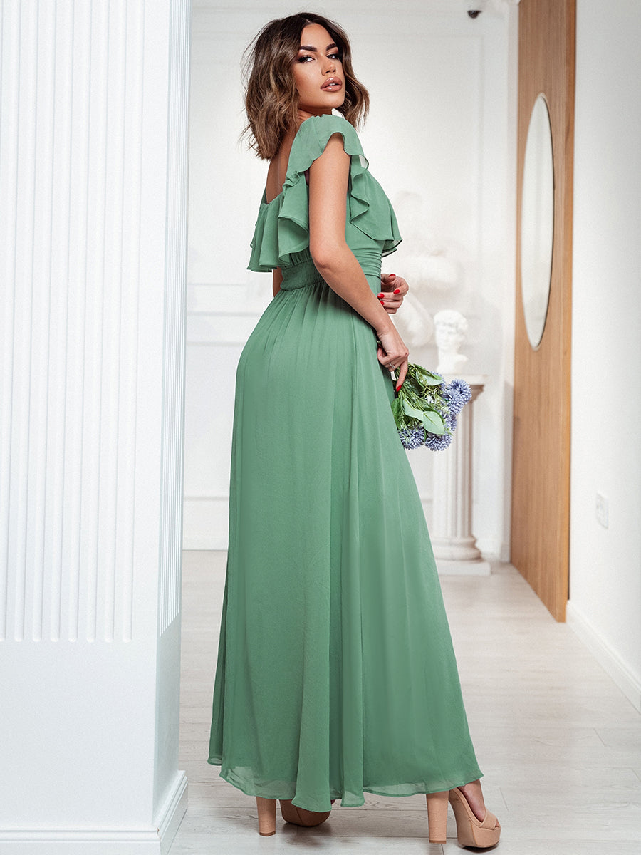 Color=Green Bean | Women'S A-Line Off Shoulder Ruffle Thigh Split Bridesmaid Dress-Green Bean 3