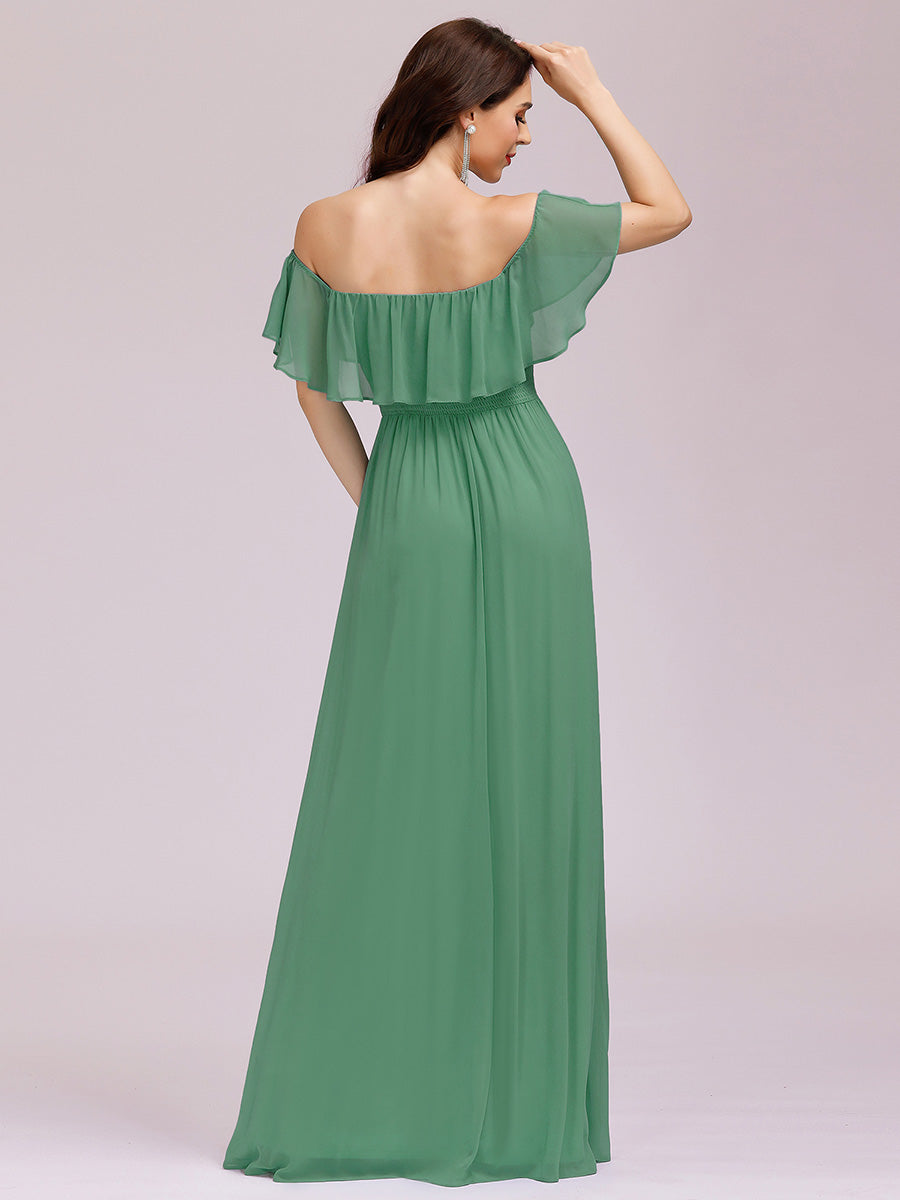 Color=Green Bean | A-Line Off Shoulder Ruffle Thigh Split Bridesmaid Dress-Green Bean 4