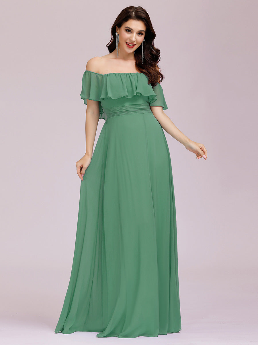 Color=Green Bean | A-Line Off Shoulder Ruffle Thigh Split Bridesmaid Dress-Green Bean 1
