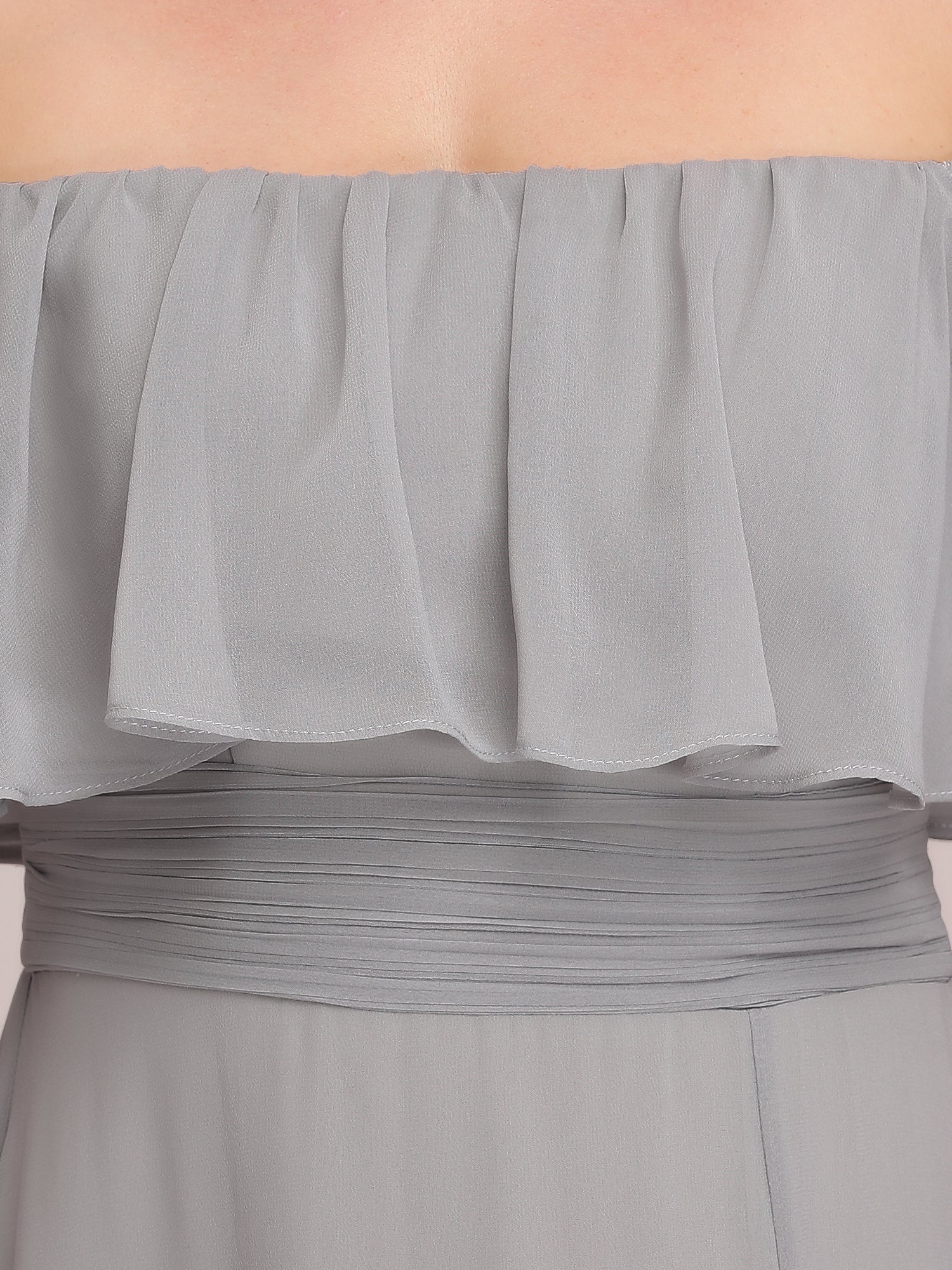 Color=Grey | A-Line Off Shoulder Ruffle Thigh Split Bridesmaid Dress-Grey 5