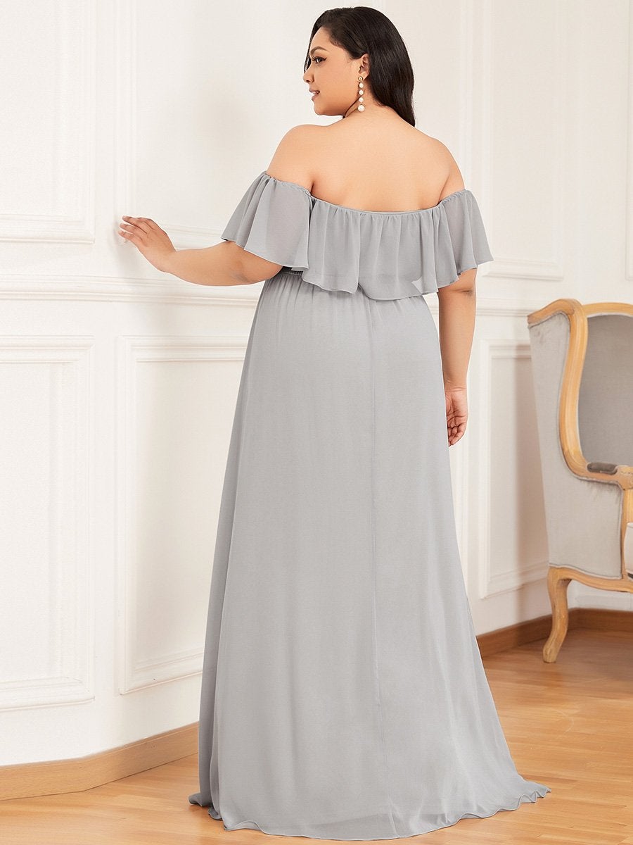 Color=Grey | Women'S A-Line Off Shoulder Ruffle Thigh Split Bridesmaid Dress-Grey 2