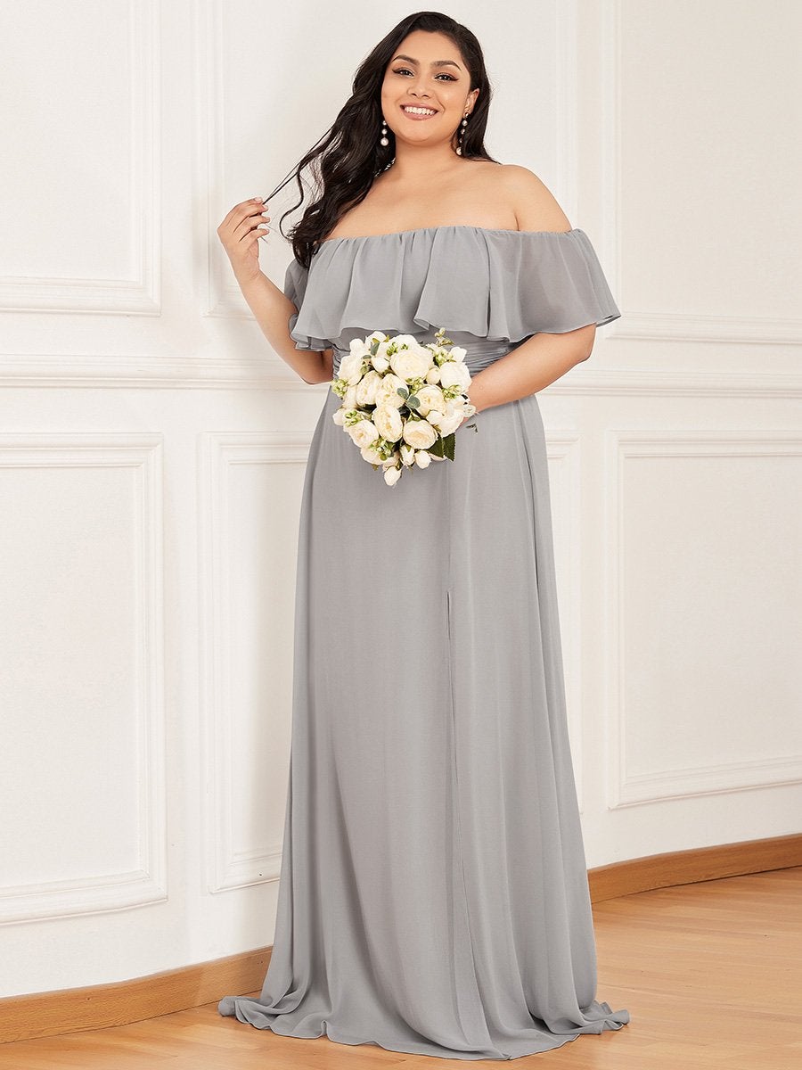 Color=Grey | Women'S A-Line Off Shoulder Ruffle Thigh Split Bridesmaid Dress-Grey 3