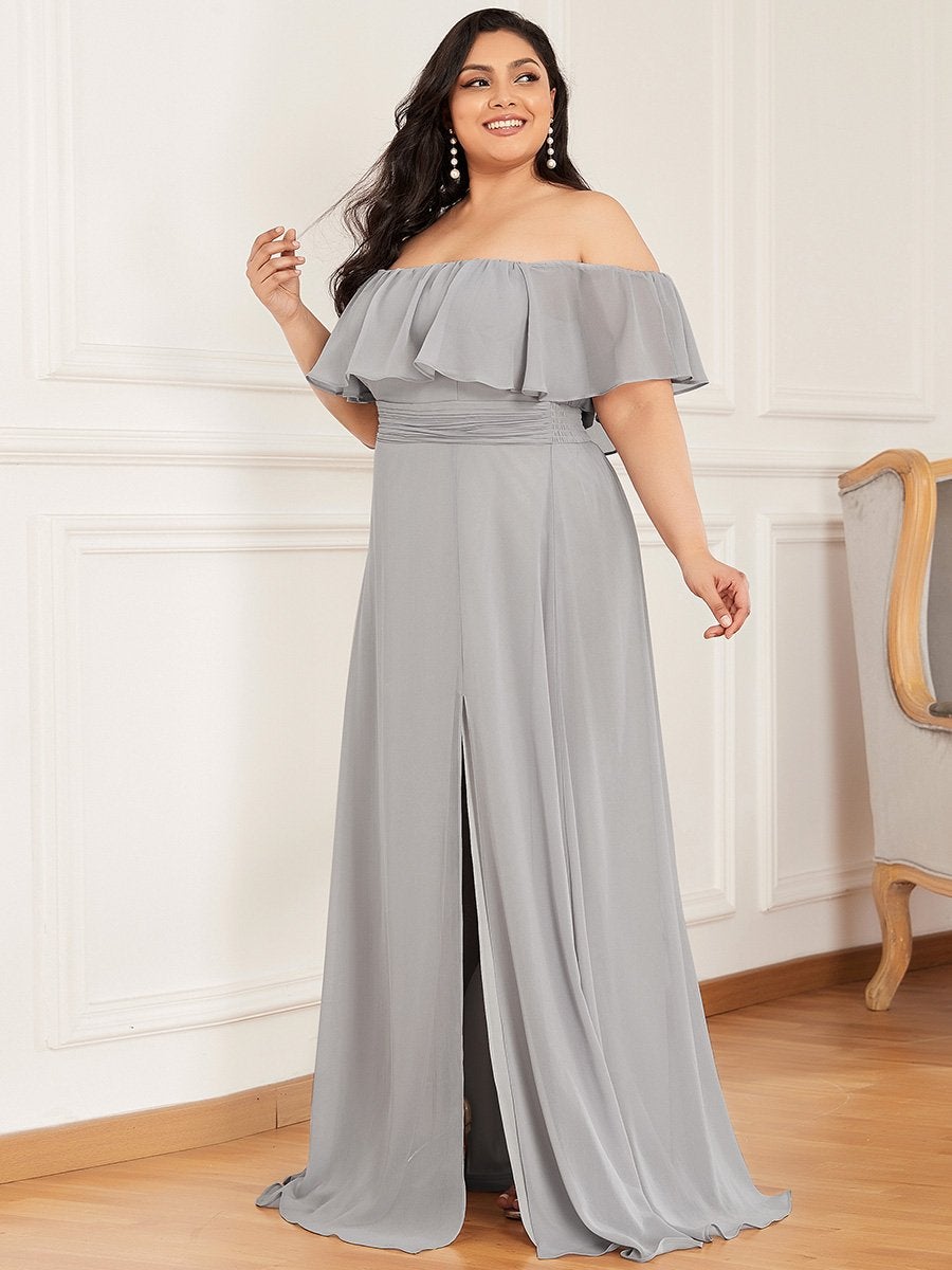 Color=Grey | Women'S A-Line Off Shoulder Ruffle Thigh Split Bridesmaid Dress-Grey 4