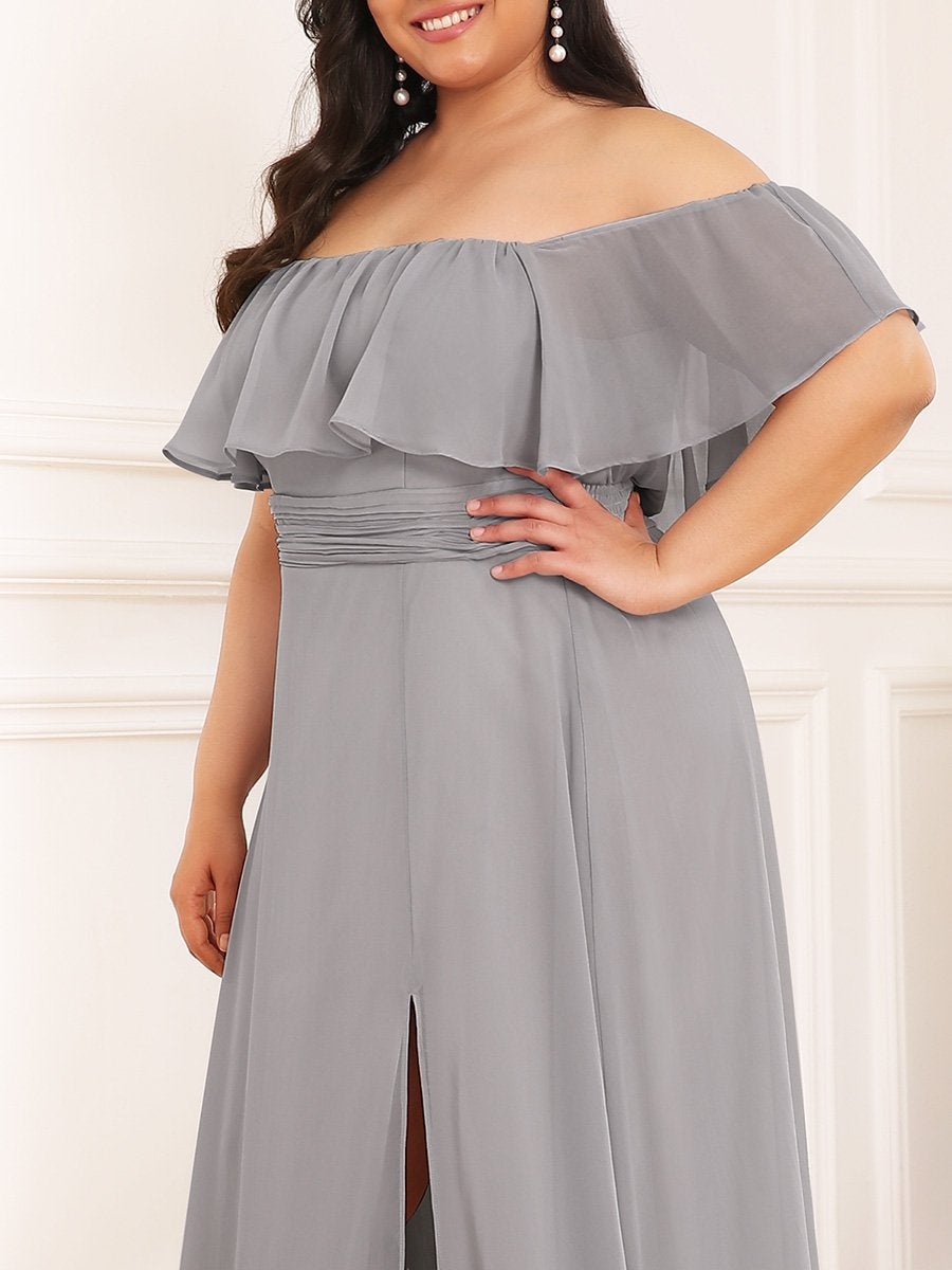 Color=Grey | Women'S A-Line Off Shoulder Ruffle Thigh Split Bridesmaid Dress-Grey 5
