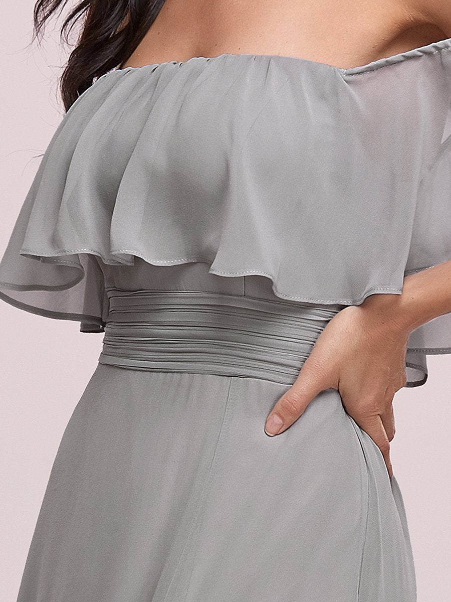 Color=Grey | Women'S A-Line Off Shoulder Ruffle Thigh Split Bridesmaid Dress-Grey 5