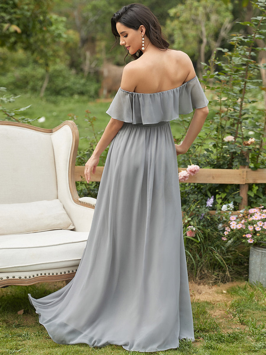 Color=Grey | A-Line Off Shoulder Ruffle Thigh Split Bridesmaid Dress-Grey 2