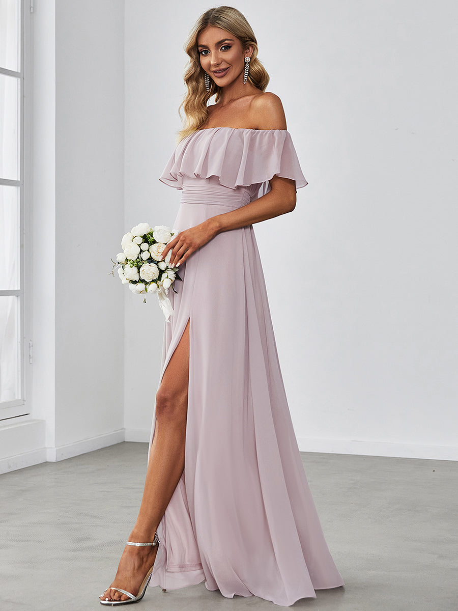 Color=Lilac | A-Line Off Shoulder Ruffle Thigh Split Bridesmaid Dress-Lilac 3