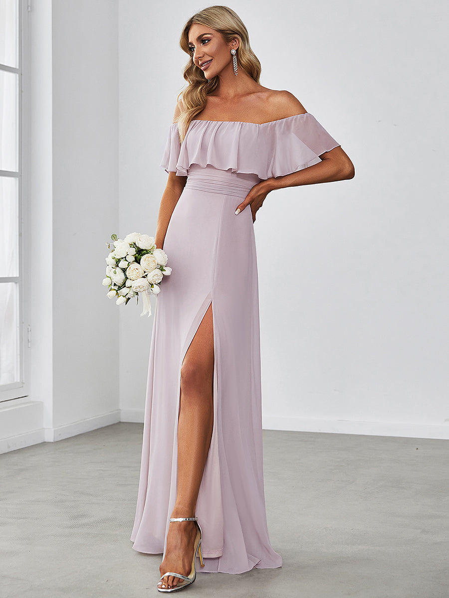 Color=Lilac | A-Line Off Shoulder Ruffle Thigh Split Bridesmaid Dress-Lilac 4