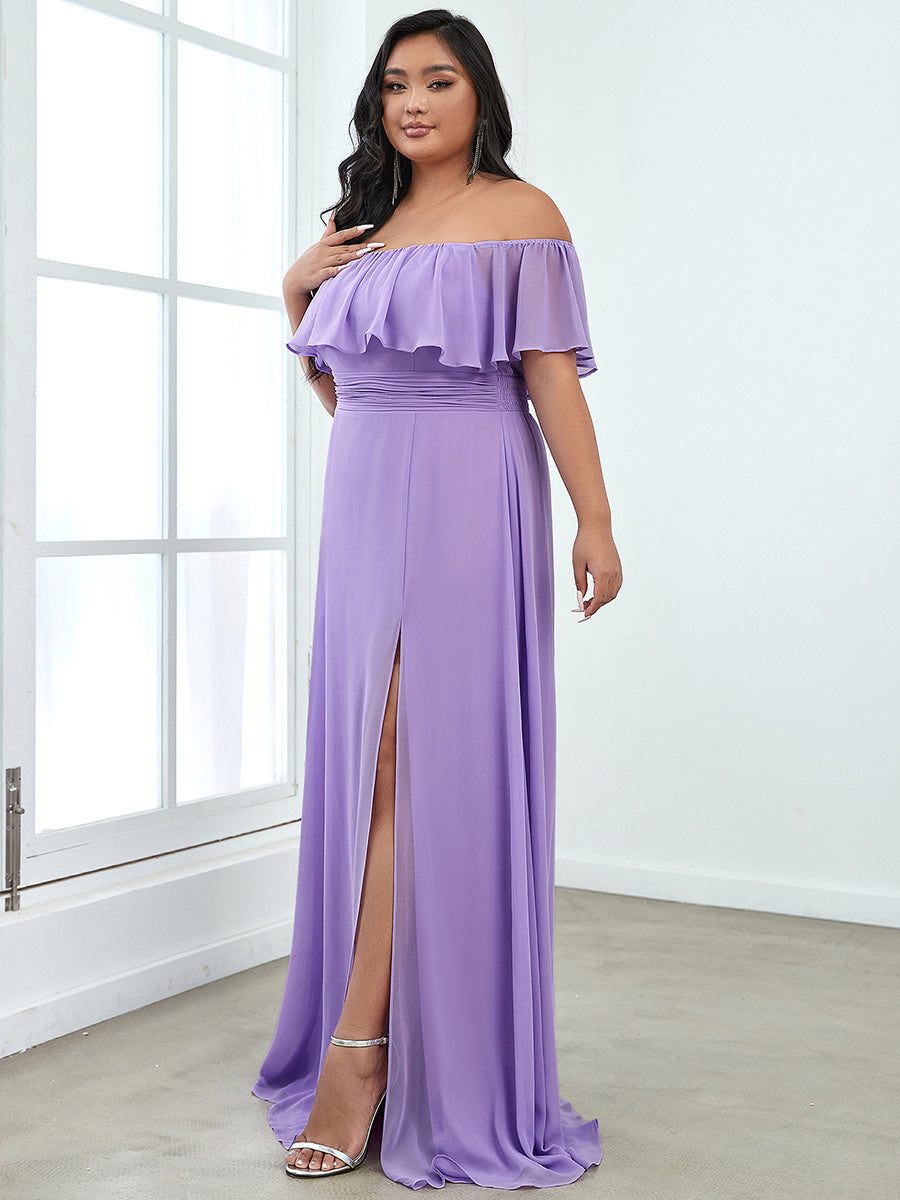 Color=Lavender | Plus Size Women'S A-Line Off Shoulder Ruffle Thigh Split Bridesmaid Dresses Ep00968-Lavender 3