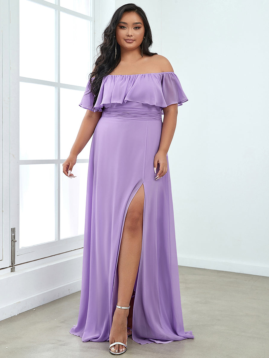 Color=Lavender | Plus Size Women'S A-Line Off Shoulder Ruffle Thigh Split Bridesmaid Dresses Ep00968-Lavender 1