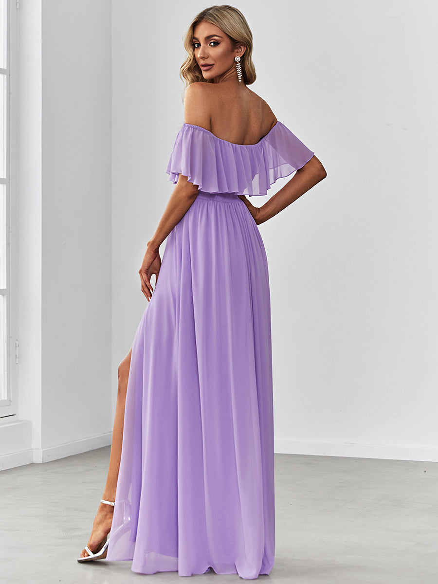 Color=Lavender | Women'S A-Line Off Shoulder Ruffle Thigh Split Bridesmaid Dress-Lavender 2