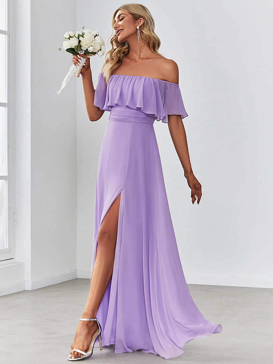 Color=Lavender | A-Line Off Shoulder Ruffle Thigh Split Bridesmaid Dress-Lavender 3