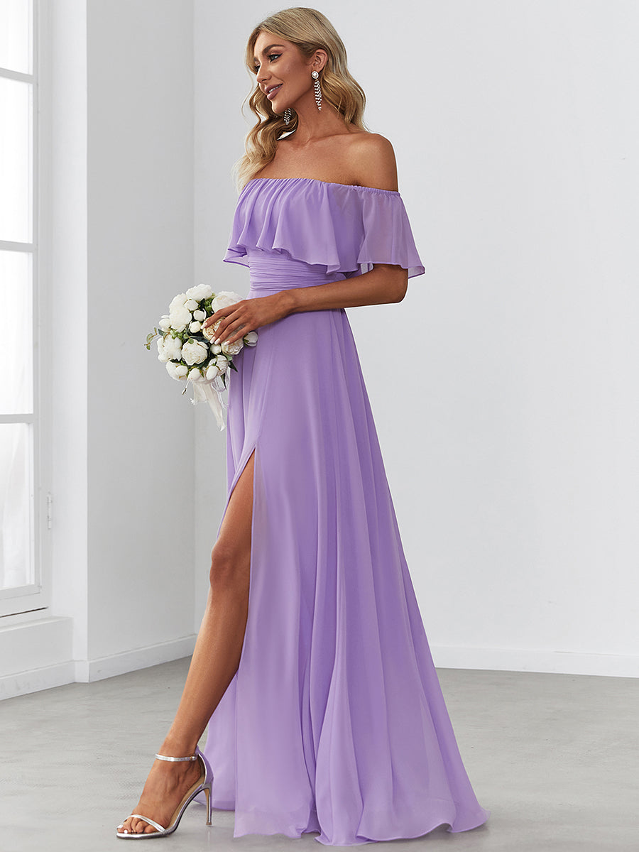 Color=Lavender | A-Line Off Shoulder Ruffle Thigh Split Bridesmaid Dress-Lavender 4