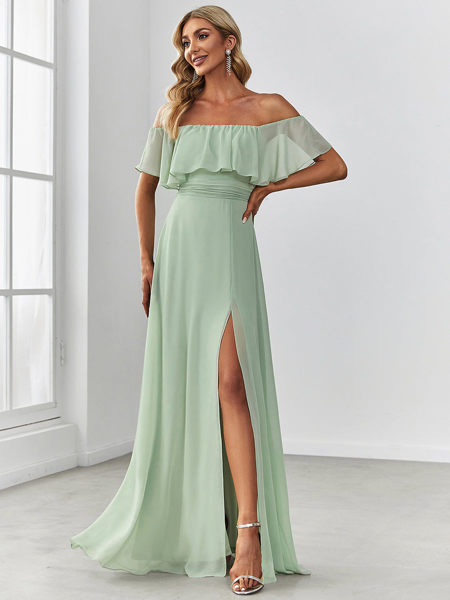 Color=Mint Green | A-Line Off Shoulder Ruffle Thigh Split Bridesmaid Dress-Mint Green 1