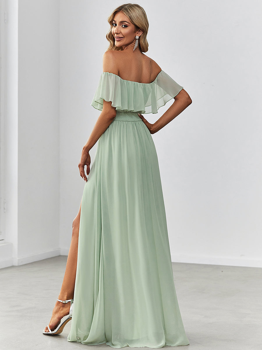 Color=Mint Green | A-Line Off Shoulder Ruffle Thigh Split Bridesmaid Dress-Mint Green 2
