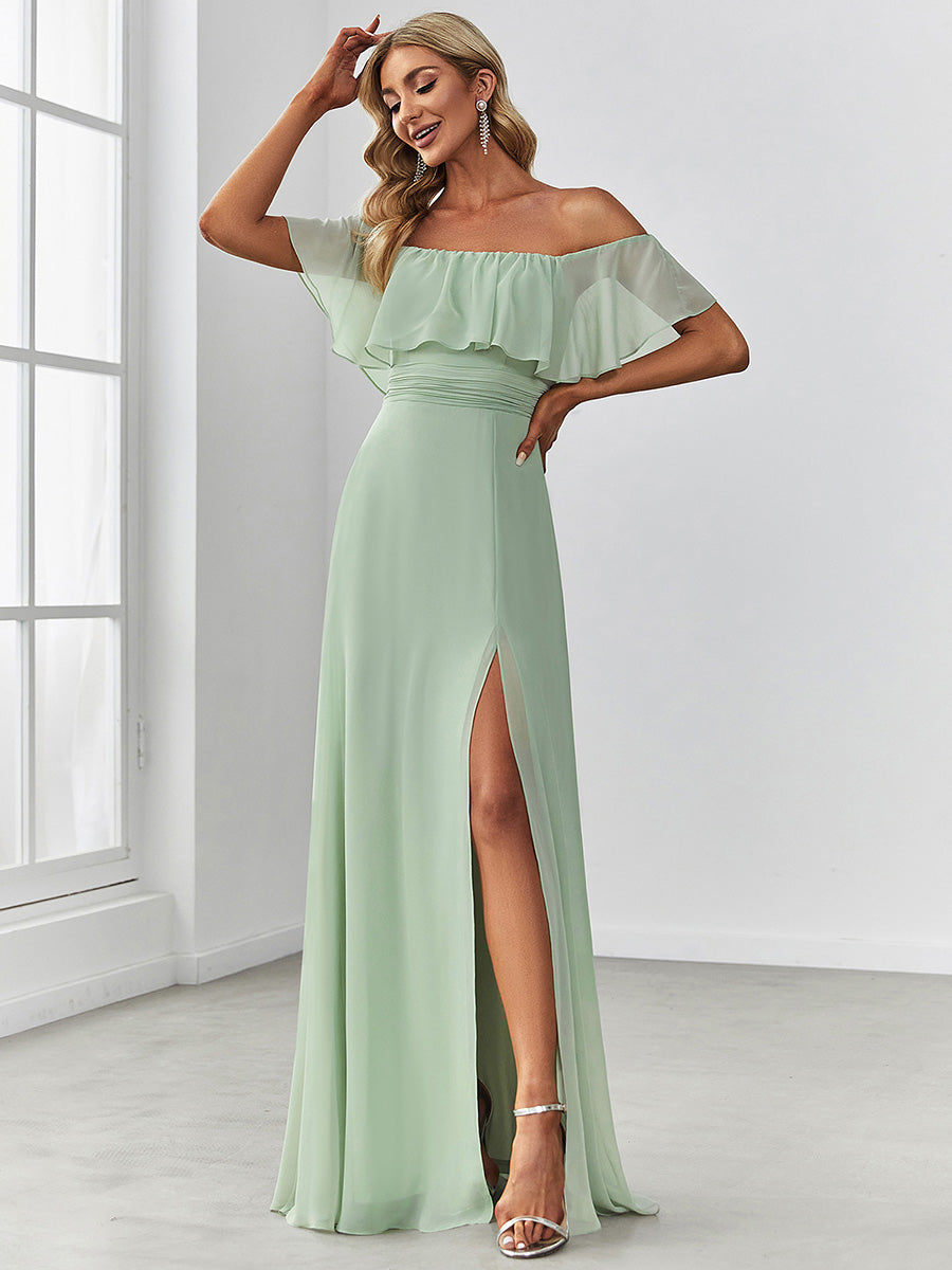 Color=Mint Green | A-Line Off Shoulder Ruffle Thigh Split Bridesmaid Dress-Mint Green 4