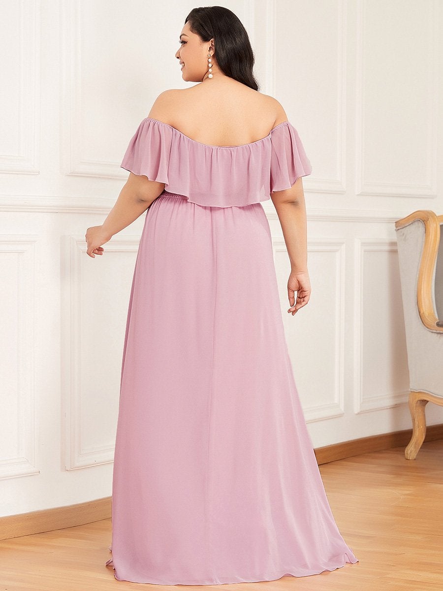 Color=Mauve | Women'S A-Line Off Shoulder Ruffle Thigh Split Bridesmaid Dress-Mauve 2