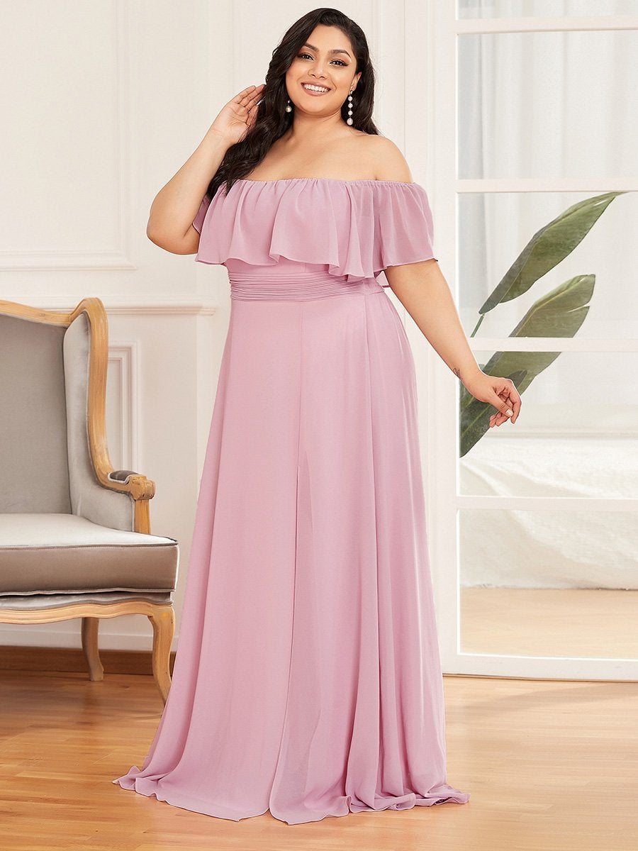 Color=Mauve | Women'S A-Line Off Shoulder Ruffle Thigh Split Bridesmaid Dress-Mauve 3