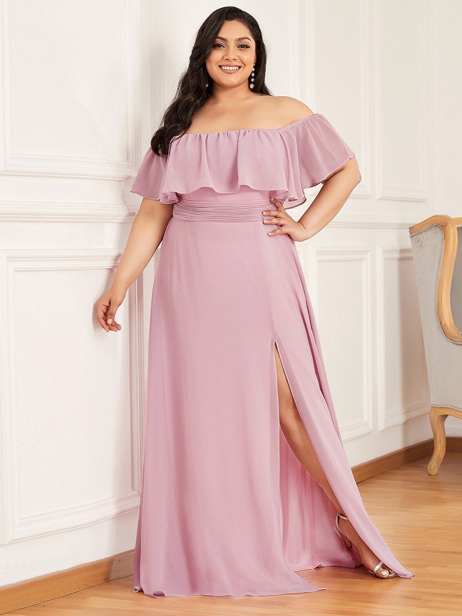 Color=Mauve | Women'S A-Line Off Shoulder Ruffle Thigh Split Bridesmaid Dress-Mauve 4