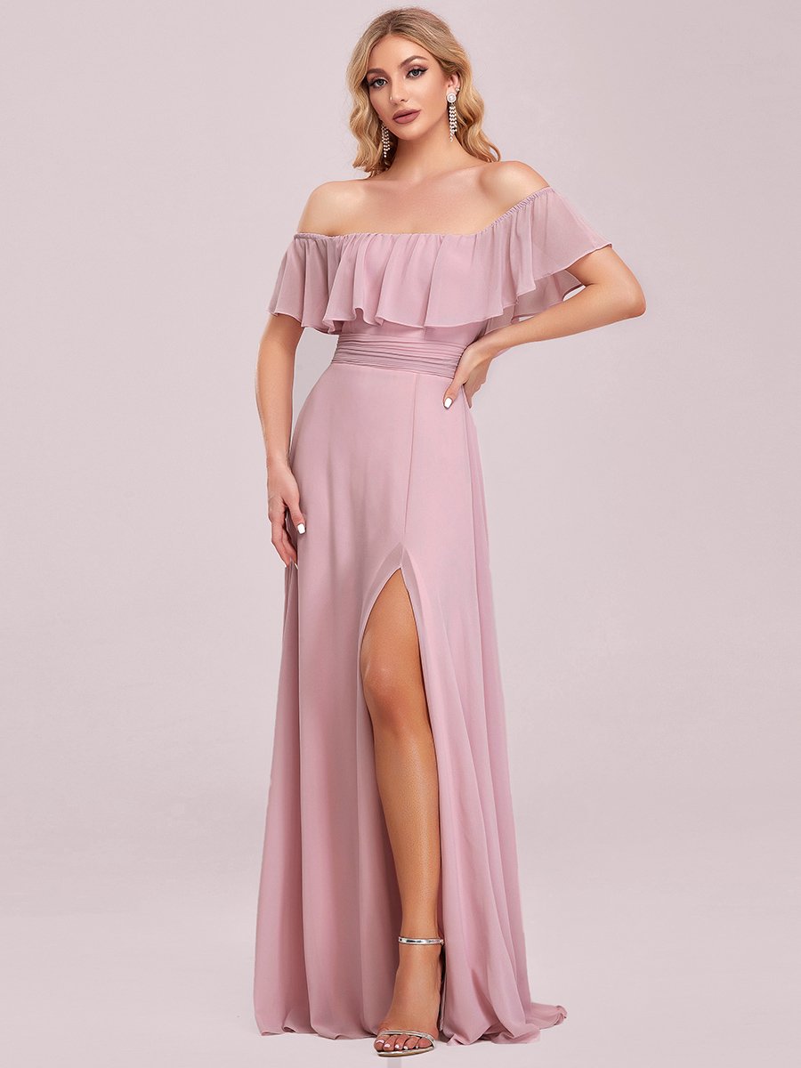 Color=Mauve | Women'S A-Line Off Shoulder Ruffle Thigh Split Bridesmaid Dress-Mauve 7
