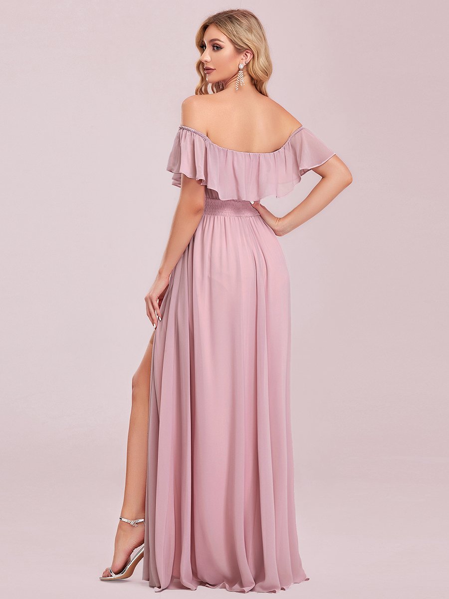 Color=Mauve | Women'S A-Line Off Shoulder Ruffle Thigh Split Bridesmaid Dress-Mauve 8