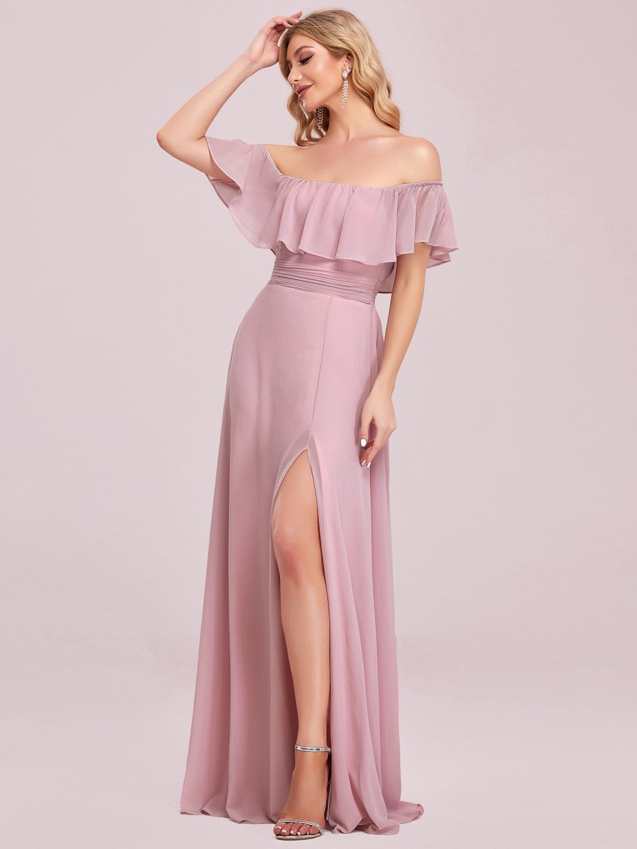 Color=Mauve | Women'S A-Line Off Shoulder Ruffle Thigh Split Bridesmaid Dress-Mauve 9