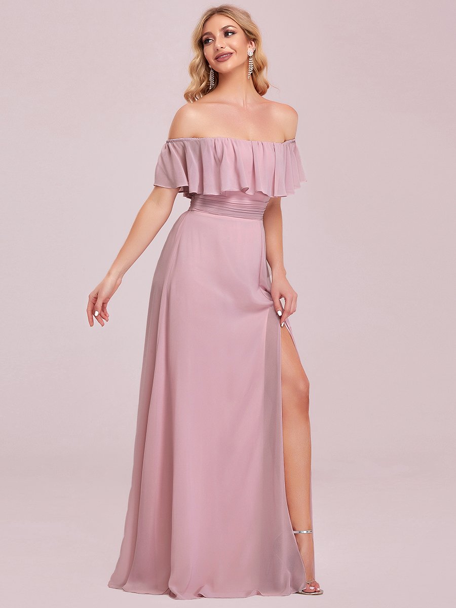 Color=Mauve | Women'S A-Line Off Shoulder Ruffle Thigh Split Bridesmaid Dress-Mauve 10