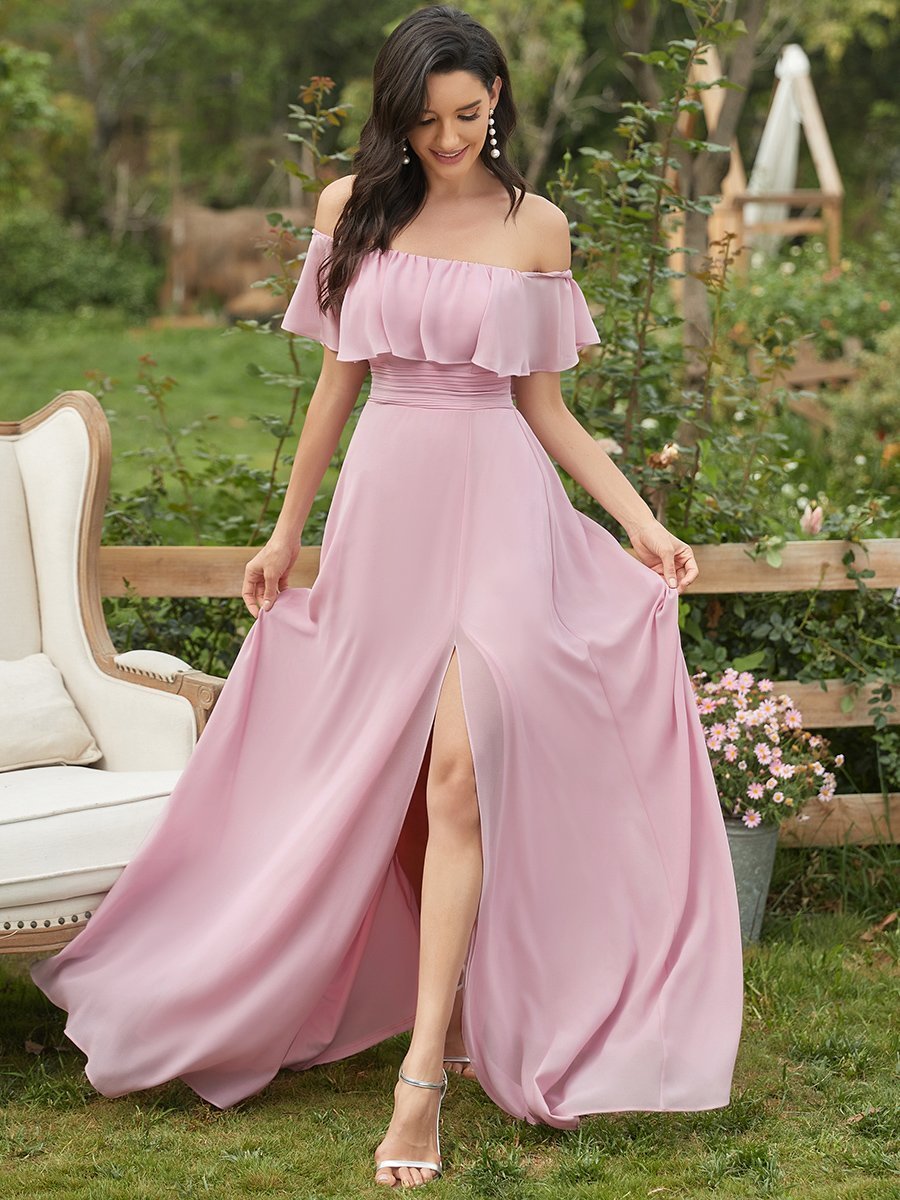 Color=Mauve | Women'S A-Line Off Shoulder Ruffle Thigh Split Bridesmaid Dress-Mauve 4